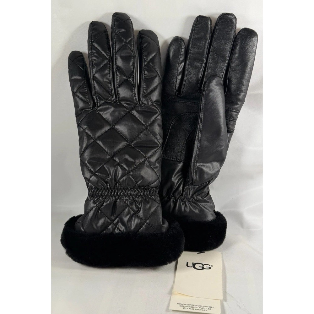 New UGG Womens Black Quilted All Weather Performance Gloves Tech Fur Size L/XL